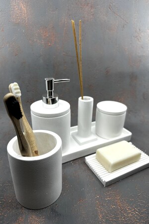 7 Parça Banyo Seti Katı Sıvı Sabunluk Pamukluk Diş Fırçalığı Tütsülük Tepsi BM-205 - 3