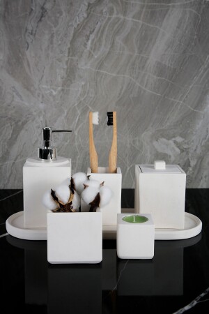 7 Parça Mermer Desenli Beton Banyo Seti Sıvı Sabunluk Diş Fırçalık Pamukluk Mumluk Tepsi Saksı - Betonmall