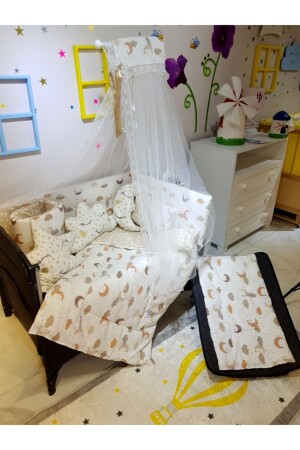 70x110 Park Beşik İçin Cibinlikli 12 Parça Bebek Uyku Seti - Kahve Ay Yıldız Desen (Beşik Hariç) - Bebek Iklimi