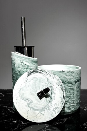 8 Parça Mermer Desenli Banyo Seti Sıvı Katı Sabunluk Diş Fırçalık Çöp Kovası Mumluk Tuvalet Fırçası BM-183 - 2