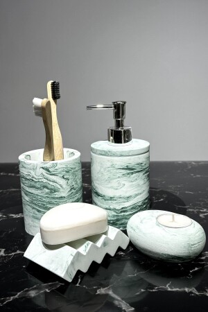 8 Parça Mermer Desenli Banyo Seti Sıvı Katı Sabunluk Diş Fırçalık Çöp Kovası Mumluk Tuvalet Fırçası BM-183 - 3