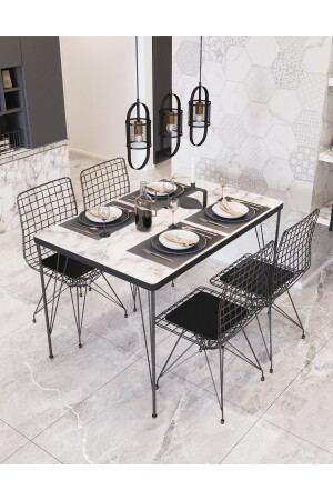 80x120 Asel 4 Kişilik Yemek Masası Takımı-mutfak Masası Takımı-beyaz Mermer Desenli Oval Kenar ARYA1121 - 1