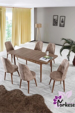 80x130(kapalı) 80x170(açık) 6 Sandelyeli Açılabilir Yemek Masası Takımı Mutfak Masa Takımı-capucıno - Morkese