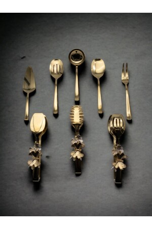 8'li Paslanmaz Çelik Gold Kevgir- Kepçe- Kürek- Çatal- Kaşık- Kelebekli Maşa Servis Takımı- Çeyiz - Fiyakalı Ürünler Atölyesi