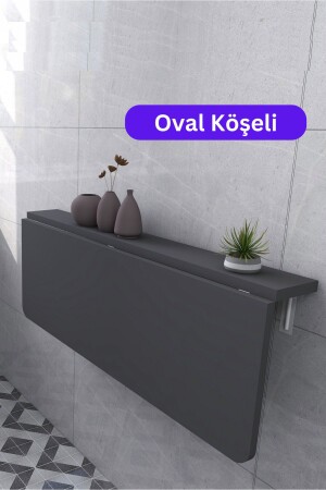 90 x 60 cm ovaler, anthrazitfarbener, eckiger Wand-Klapp-Esstisch mit festen Regalen - Kydonia Home