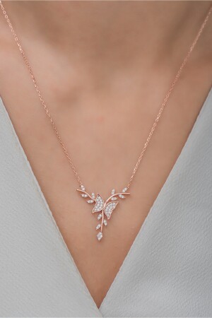 925er Sterlingsilber-Rosen-Schmetterlings-Halskette auf einem Zweig - 3