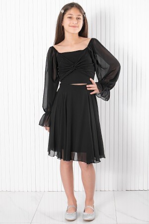 Abendkleid aus Chiffon mit Ballonärmeln in Schwarz MDV934 - Subu Tasarim
