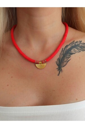 Afrika Kırmızı Fimo Boncuk Kolye Gold Kaplama - Denizdenal