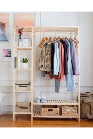 Ahşap Ahşap Ayaklı Askı Elbise Askısı Çok Amaçlı Dolap Gardırop 96x150x30 - Brk Design