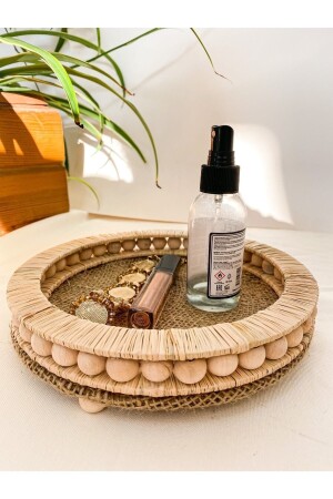 Ahşap Boncuklu Hasır Doğal Rafya Tepsi, Dekoratif Tepsi, Banyo, Ev, Masa Için Dekor Tepsi 23cm Çap TPS02304 - homeyandlovey