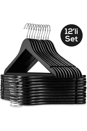 Ahşap Görünümlü Plastik Siyah Kıyafet Elbise Askısı Askılığı Gömlek Askısı Pantolon Askısı 12 Adet - Tinsmith