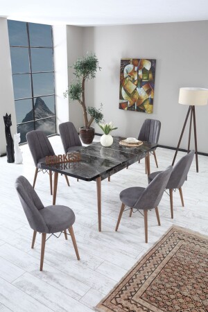 Alive 6 Sandelyeli Açılabilir Yemek Masası Takımı Mutfak Masa Takımı Masa Sandalye- Gri - Morkese