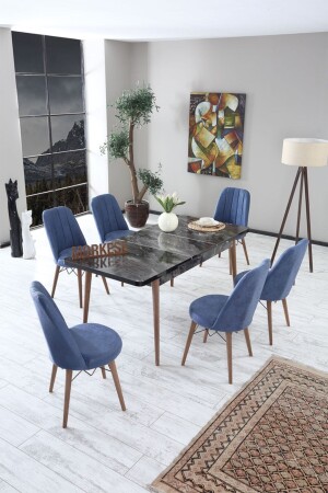 Alive 6 Sandelyeli Açılabilir Yemek Masası Takımı Mutfak Masa Takımı Masa Sandalye- Lacivert - Morkese