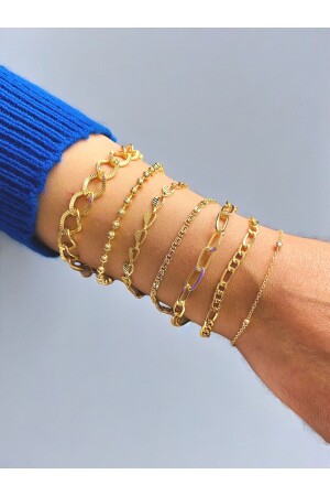 Altın Kaplama 7'li Kombin Bileklik Seti Gold Renk Kadın Zincir Bilezik Künye - Xesha