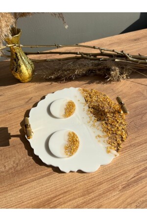 Altın Varaklı Dalgalı Iki Kişilik Söz Nişan Damat Epoksi Sunum Tepsisi Ve Yüzük Yükseltici Seti 912 - Sultan Tasarım