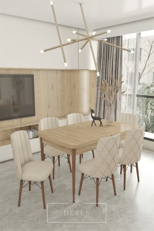 Astera Serisi Açılabilir Masa - 6 Adet Krem Baby Face Kumaş Mutfak Salon Yemek Odası Takımı - Deren Home