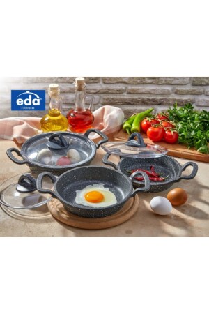 Asya 3'lü Granit Sahan Seti Cam Kapaklı Döküm Gri - Eda