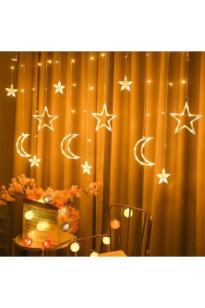 Ay Hilal Yıldız Perde Led Günışığı Ramazan Bayramı 3 Metre Sarı Işıklı Fişli 12 Saçaklı 8 Modlu - 1