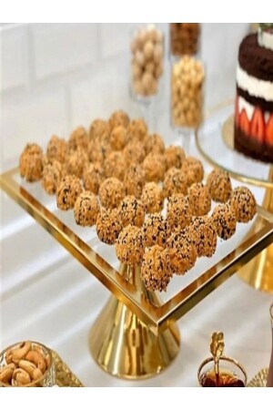 Ayaklı Gold Renk Dikdörtgen Pasta Standı,pasta,kurabiye,sunum Standı,çeyizlik,düğün Hediye Dikdpastagold01 - 1