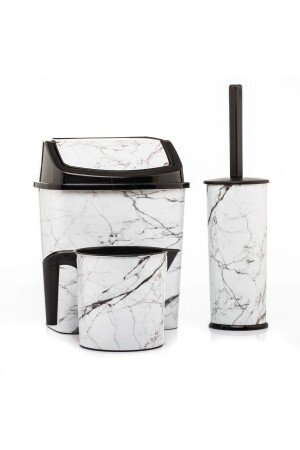 Badezimmer-Set, Mülleimer, WC, Toilettenbürste, Becher, 3er-Set, weißes Marmormuster, geruchloses Badezimmer-Set - Okacih