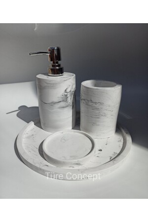 Badezimmerset mit Marmormuster und Tablett – Flüssigseifenspender – Spender für feste Seife – Zahnbürstenhalter - Ture Concept