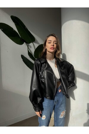 Balon Kol Siyah Deri Ceket - Mypagebutik