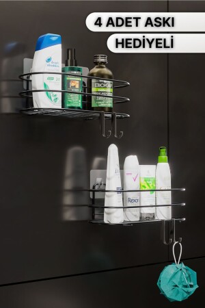 Banyo Düzenleyici Şampuanlık Sabunluk 2li Set Yapışkanlı 4 Askılı Duş Rafı Paslanmaz Organizer Y08 - 2