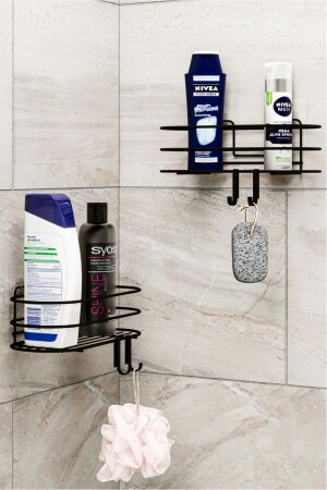Banyo Düzenleyici Şampuanlık Sabunluk 2li Set Yapışkanlı 4 Askılı Duş Rafı Paslanmaz Organizer Y08 - 3