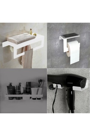 Banyo Düzenleyici Set Havluluk Tuvalet Kagıtlıgı Şampuanlık Saç Kurutma Makina Askısı Y-01-BEYAZ - 1