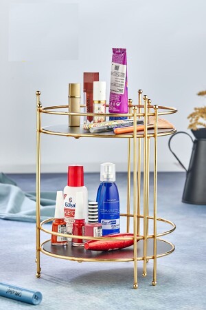 Banyo Kozmetik Takı Düzenleyici Çok Amaçlı Organizer 2 Katlı Servis Sunum Tepsisi Ikramlık Gold TGM-0035 - Tugomer