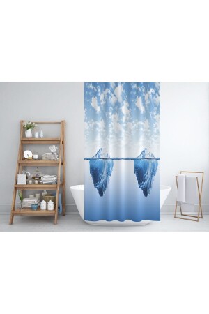 Banyo Perdesi Buz Dağlı Desenli Mavi Duş Perdesi Plastik C-Halka Hediye 180x200cm Banyo Perdeleri Duş Perdeleri - 1