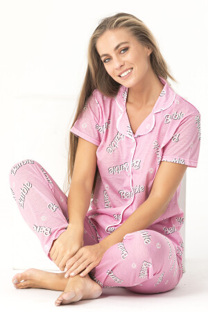 Barbie Yazılı Pembe Renk Kısa Kol Pijama Takımı A-3297 - 2