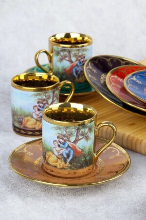 Barok Figürlü Renkli Gold 6 Kişilik Porselen Kahve Fincan Takımı 0108 Acar SYT-22-0108 Fincan Takımı - 3