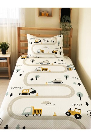 Baumaschinen-Straßenmuster, bedrucktes Einzel-Piqué-Set für Babys und Kinder, 160 x 230 cm, weiß - Evmila