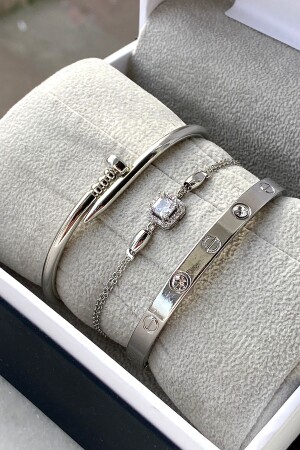 Bayrama Özel 3 Parçalı Gümüş Renk Kadın Bileklik Seti - Lowen Aksesuar