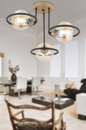 Becca 3'lü Siyah Eskitme Bal Camlı Top Avize Modern Oturma Odası Salon Avize 4100-03-FR-BL - Apliqa