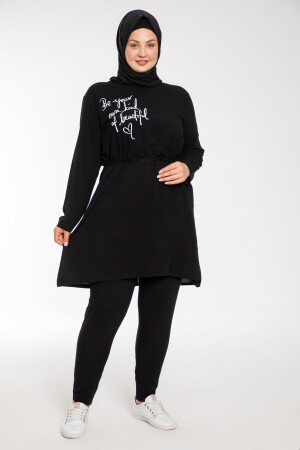 Bedruckter Hijab-Anzug aus schwarzer gewebter Viskose für Damen in großen Größen - 1