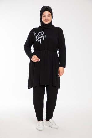 Bedruckter Hijab-Anzug aus schwarzer gewebter Viskose für Damen in großen Größen - 2