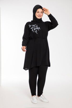 Bedruckter Hijab-Anzug aus schwarzer gewebter Viskose für Damen in großen Größen - 3