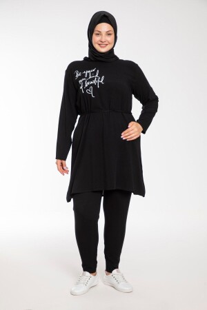 Bedruckter Hijab-Anzug aus schwarzer gewebter Viskose für Damen in großen Größen - 4