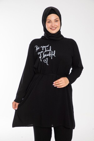 Bedruckter Hijab-Anzug aus schwarzer gewebter Viskose für Damen in großen Größen - 5