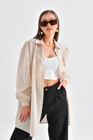 Bej Çizgili Bürümcük Kumaş Verev Roba Ve Büzgü Detaylı - Saade