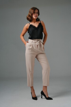 Bej Yüksek Bel Rahat Kesim Bağlamalı Pantolon - Saade