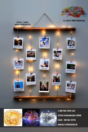 Beleuchteter Fotoaufhänger mit Schnur und Riegel – LED-Gedenkwand – Fotorahmen aus Holz 50 x 75 - Genel Markalar