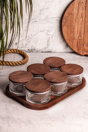 Bella Tepsili 6'lı Ahşap Vakumlu Kapaklı Cam Kahvaltılık Çok Amaçlı Cam Çerezlik 235 ml - Snippy