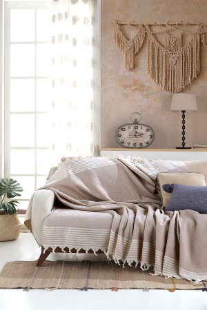 Bergama Bej Buldan Koltuk Örtüsü 170 X 210 Cm Koltuk Şalı Kanepe Çekyat Örtüsü Pamuklu Throw Mk-10002 - Lux Touch