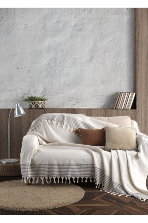 Bergama Ekru Buldan Koltuk Örtüsü 170 X 220 Cm Koltuk Şalı Kanepe Çekyat Örtüsü Pamuklu Throw Mk-10002 - Lux Touch