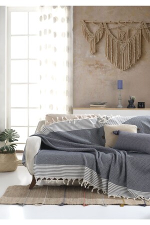 Bergama Indigo Buldan Koltuk Örtüsü 170 X 210 Cm Koltuk Şalı Kanepe Çekyat Örtüsü Pamuklu Throw Mk-10002 - Lux Touch