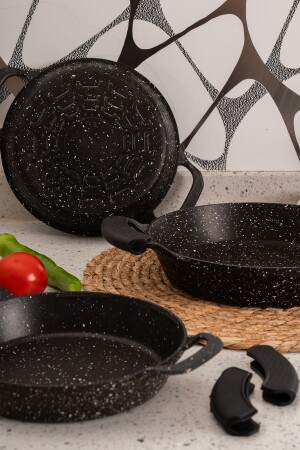 Berta 3er-Set Gusssilikon-Pfannenset aus schwarzem Granit, 22 cm, 20 cm, 18 cm - Çarşıdayız