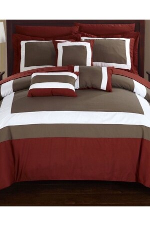 Bettbezug-Set aus Baumwollsatin für King-Size-Betten, Burgunderrot, Braun, Weiß, bbnbbk13 - METİNEV
